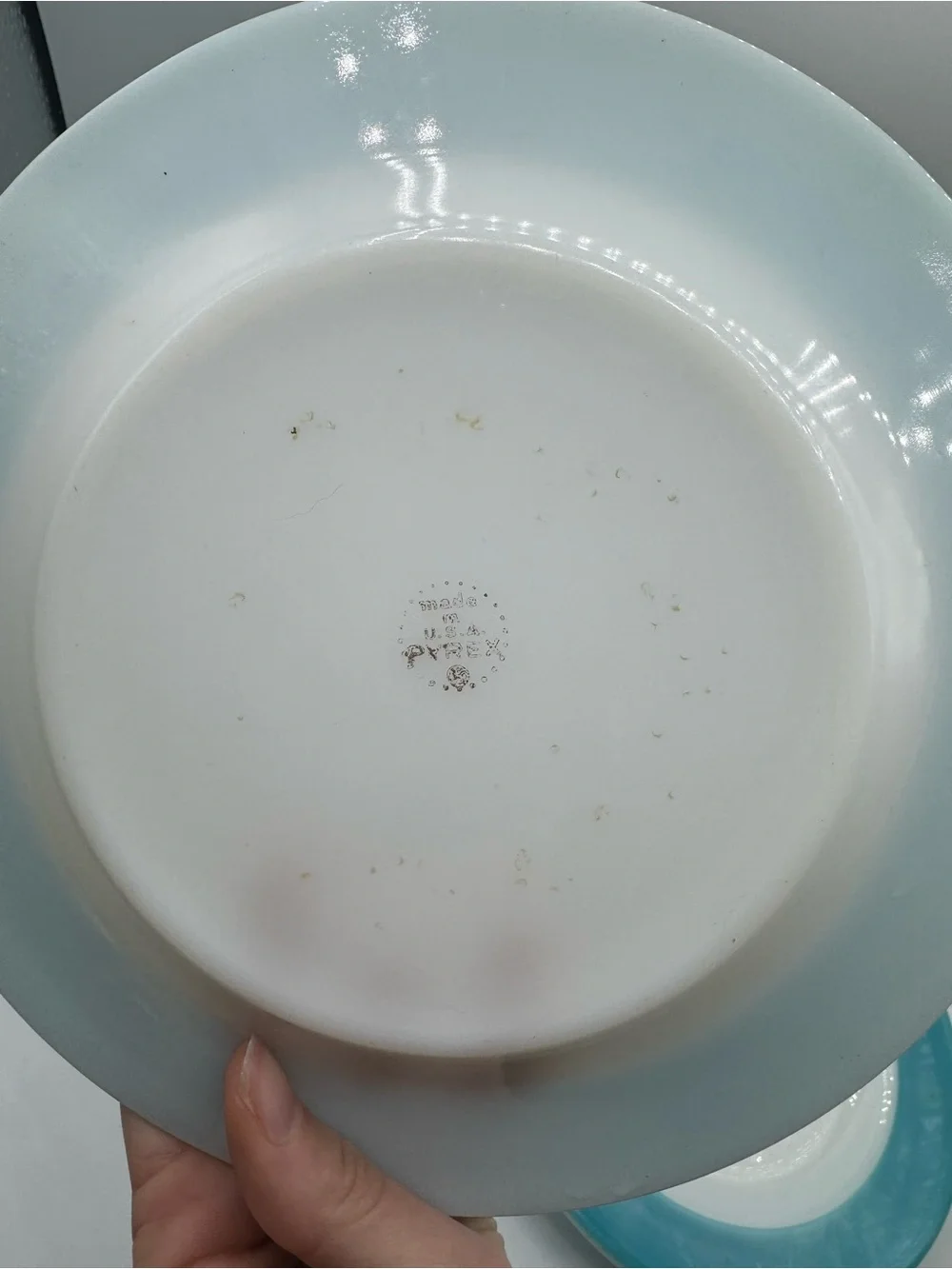 Set -4 Vtg PYREX BLUE BAND Milk Glass SALAD PLATE 8 1/8